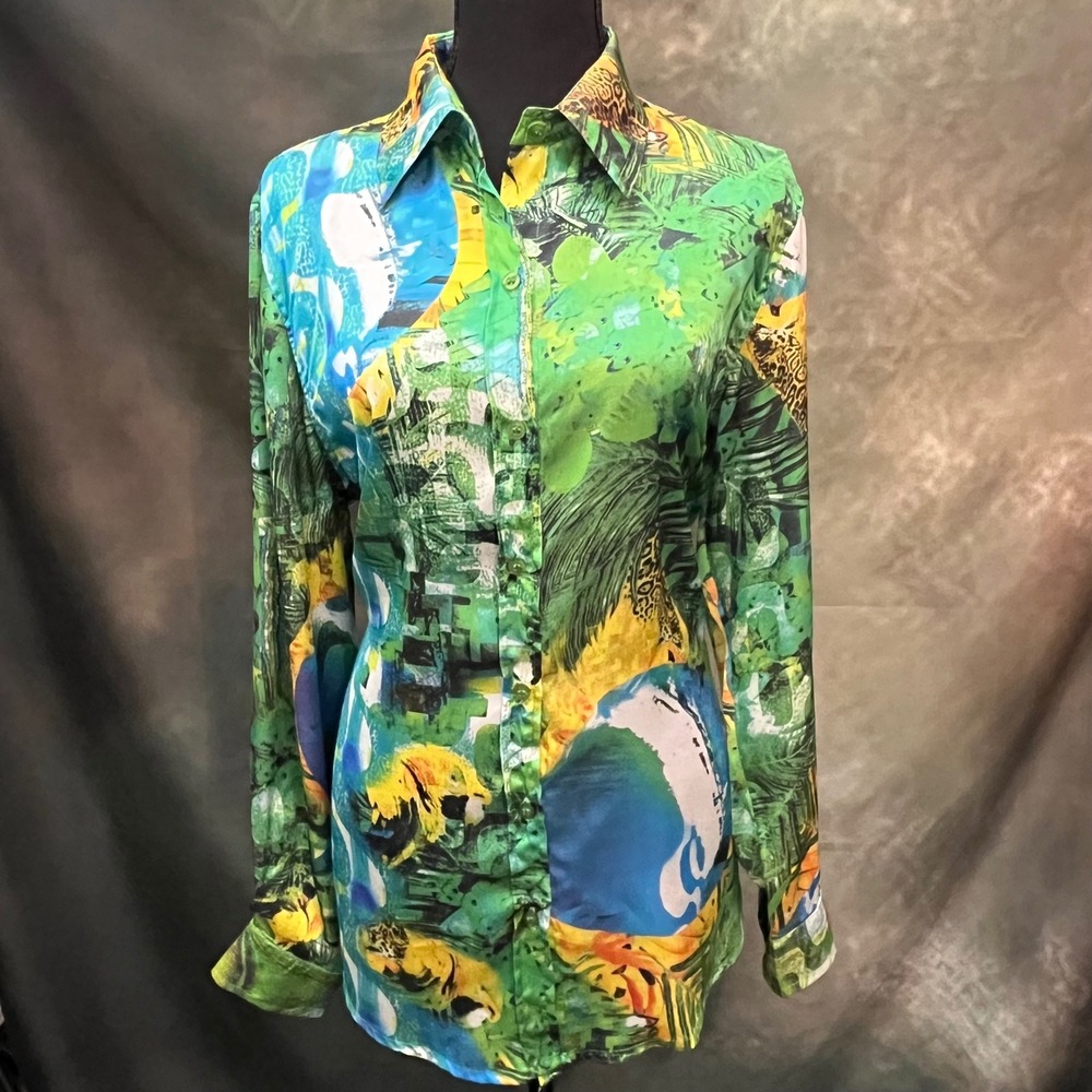 Talita Kume Womens Button Up Satin Shirt Tropical Jungle Long Sleeve‎ Size Large